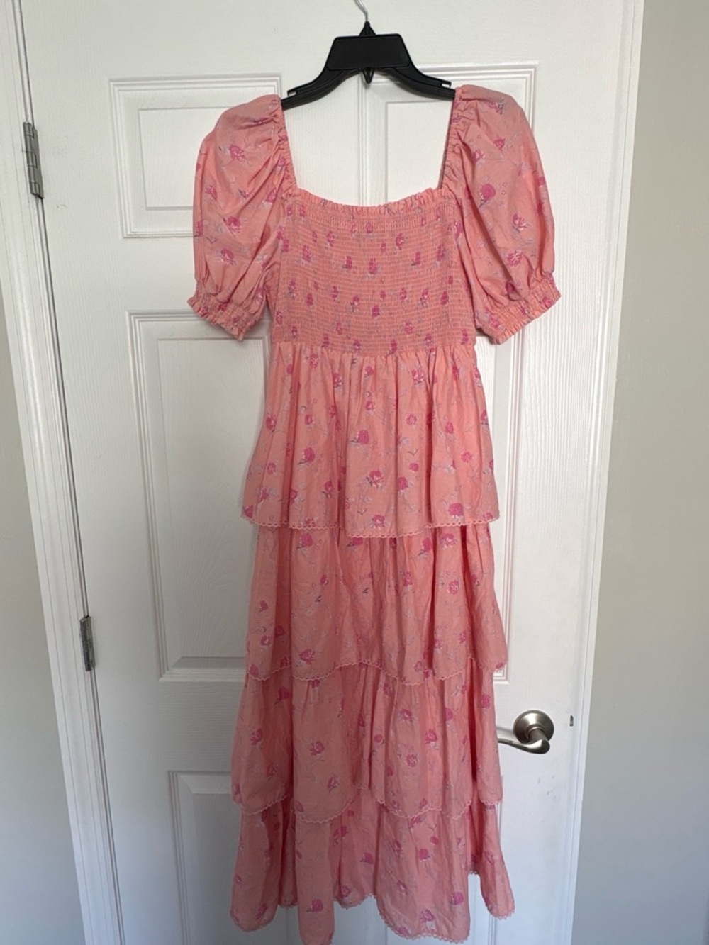 LoveShackFancy Pink Floral Tiered Maxi Dress with Puff Sleeves